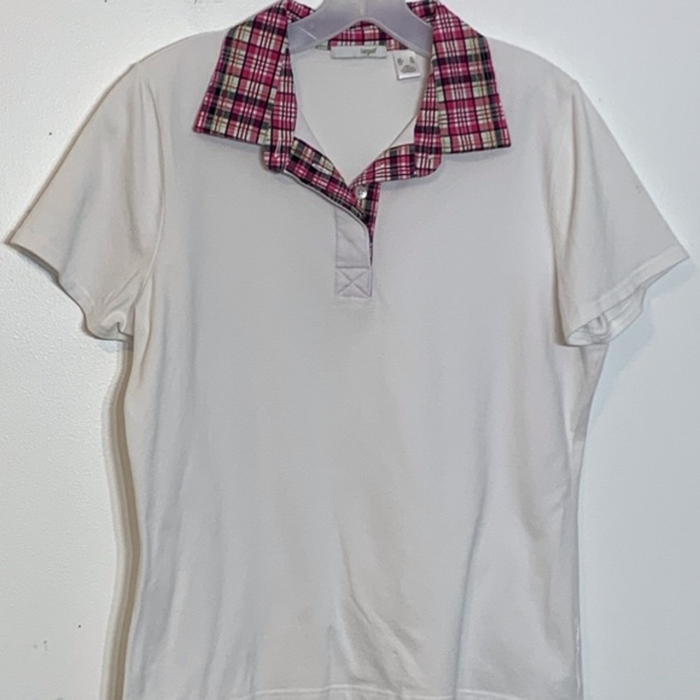 EUC Liz Golf White W/ Pink Plaid Collar Polo Shirt